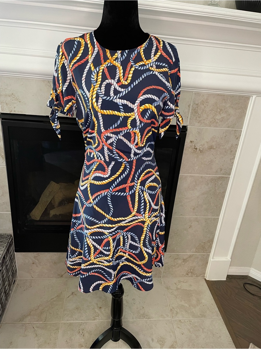 Navy Rope-Print Short Tie-Sleeve Dress